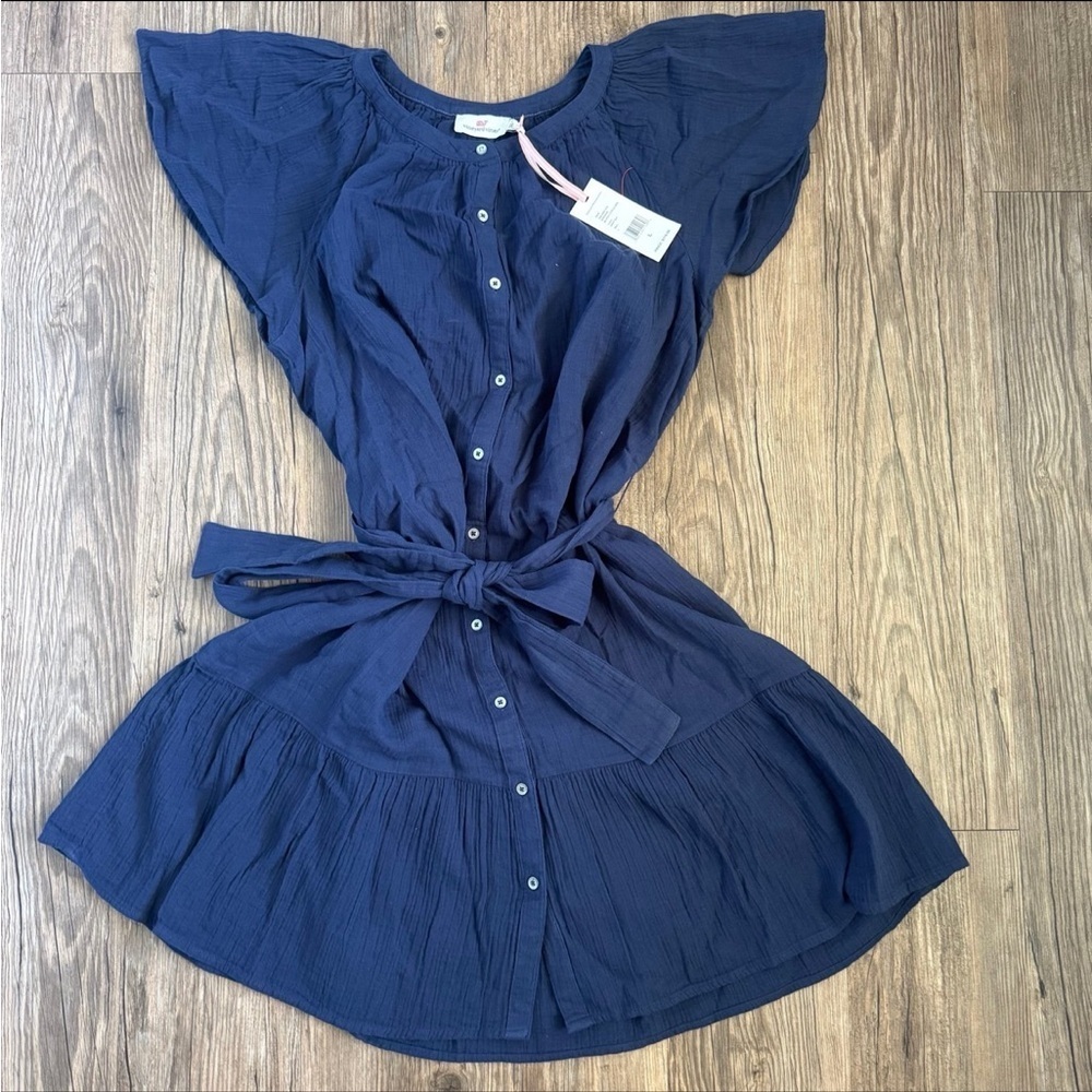 NWT Vineyard Vines Seastitch Double Gauze Flutter-Sleeve Shirt Dress Large